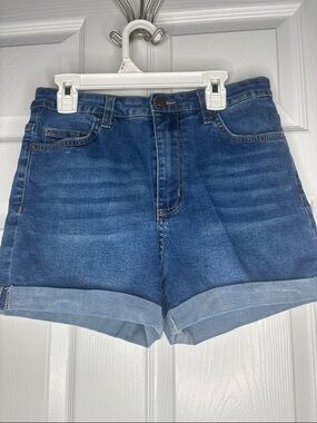 SHEIN Dark Blue High-Rise Rolled Cuff Denim Shorts